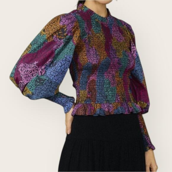 FARM RIO Leopard Rainbow Mix Blouse Smocked Ruffle Boho Cottagecore Glam Indie - Picture 13 of 13